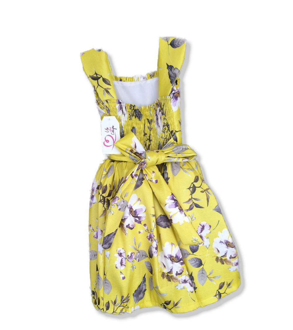 Vestido Floral Amarillo con Lazo y Flor – Elegancia Infanti (129.990)
