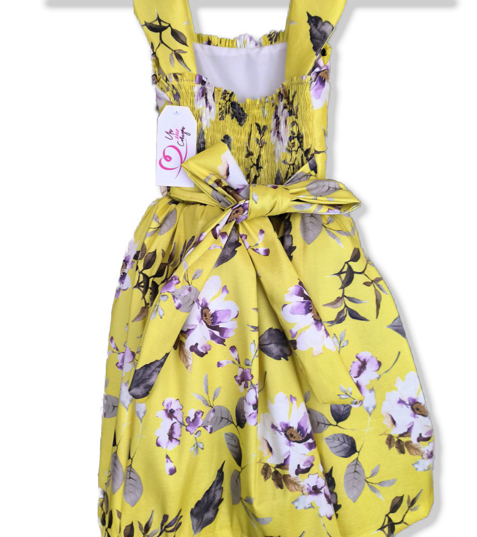 Vestido Floral Amarillo con Lazo y Flor – Elegancia Infanti (129.990)
