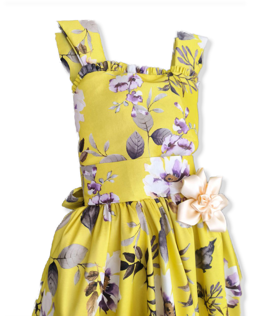Vestido Floral Amarillo con Lazo y Flor – Elegancia Infanti (129.990)
