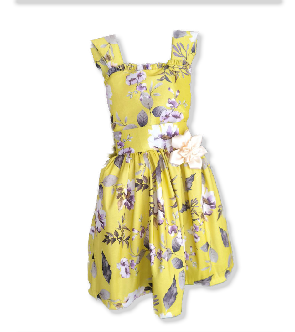 Vestido Floral Amarillo con Lazo y Flor – Elegancia Infanti (129.990)